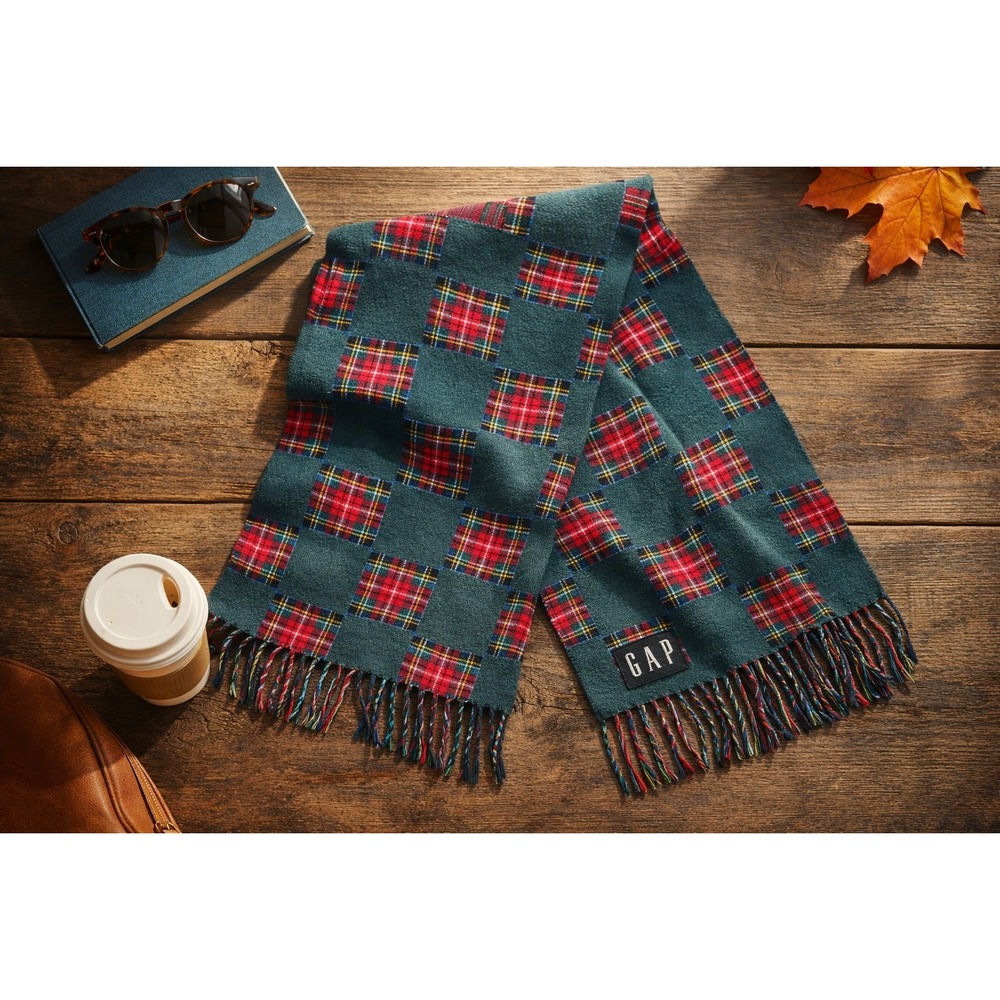 Vintage 90s Gap Wool Scarf Green‎ Plaid Checkered Made in Italy 165701-30-1